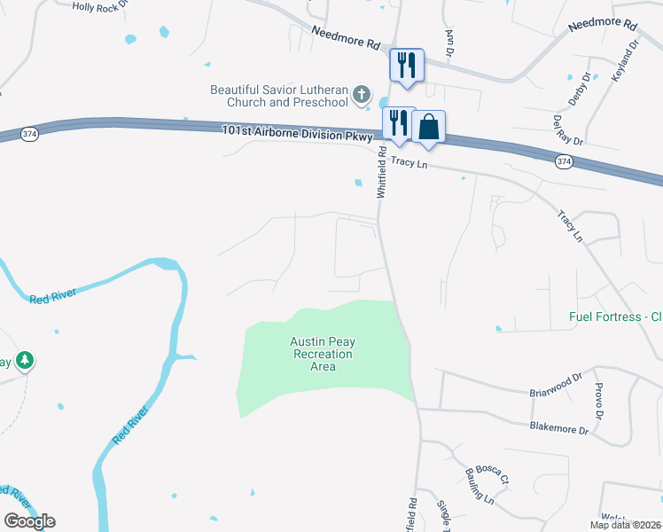 map of restaurants, bars, coffee shops, grocery stores, and more near 2424 Prewitt Lane in Clarksville