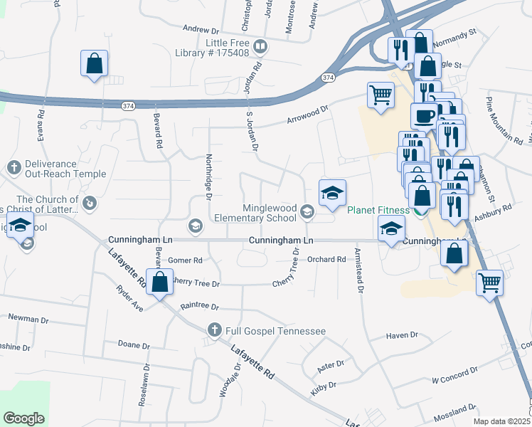 map of restaurants, bars, coffee shops, grocery stores, and more near 286 Northridge Drive in Clarksville