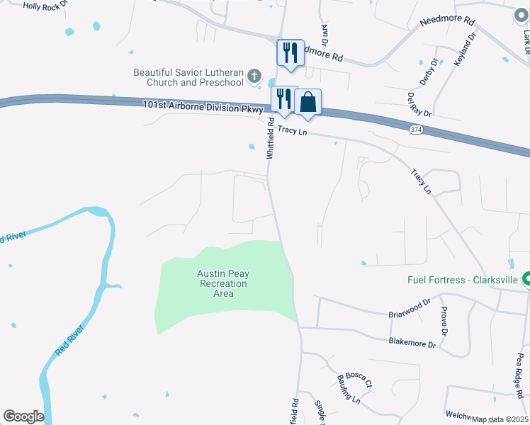 map of restaurants, bars, coffee shops, grocery stores, and more near 2430 Whitfield Road in Clarksville