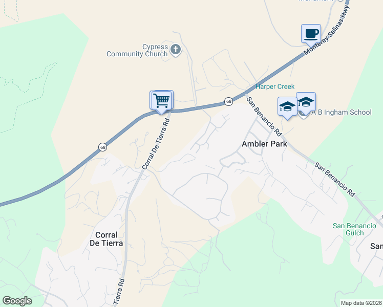 map of restaurants, bars, coffee shops, grocery stores, and more near 55 Corral De Tierra Road in Salinas