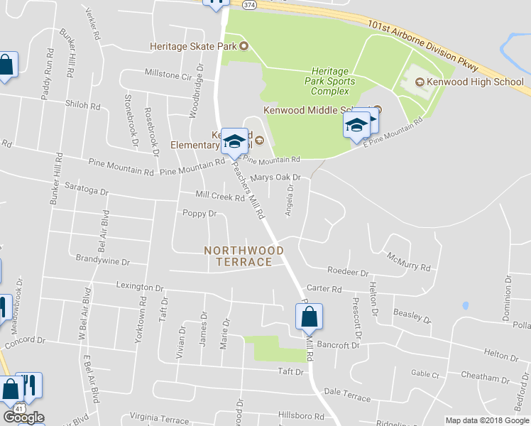 map of restaurants, bars, coffee shops, grocery stores, and more near 991 Peachers Mill Road in Clarksville