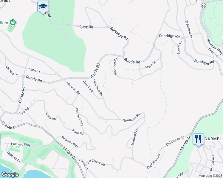 map of restaurants, bars, coffee shops, grocery stores, and more near 1579 Griffin Road in Del Monte Forest