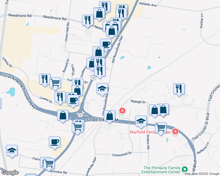 map of restaurants, bars, coffee shops, grocery stores, and more near 100 Hickory Trace Road in Clarksville