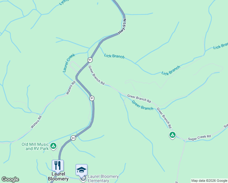 map of restaurants, bars, coffee shops, grocery stores, and more near 414 Greer Branch Road in Laurel Bloomery