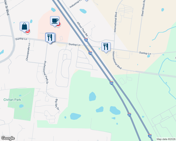 map of restaurants, bars, coffee shops, grocery stores, and more near 265 Alexander Boulevard in Clarksville