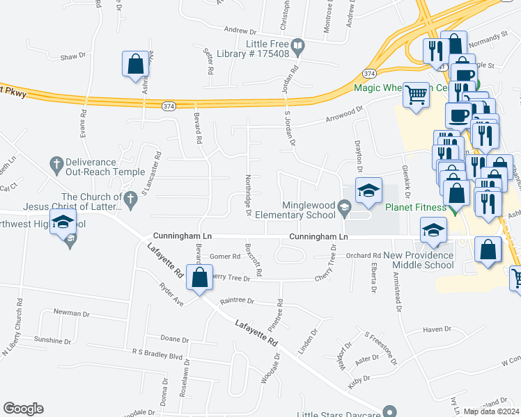 map of restaurants, bars, coffee shops, grocery stores, and more near 1606 Northridge Court in Clarksville