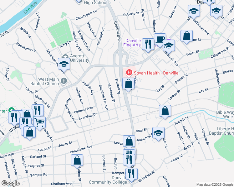 map of restaurants, bars, coffee shops, grocery stores, and more near 242 Stewart Street in Danville
