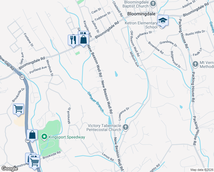 map of restaurants, bars, coffee shops, grocery stores, and more near 228 New Beason Well Road in Kingsport