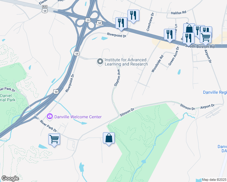 map of restaurants, bars, coffee shops, grocery stores, and more near Slayton Avenue in Danville