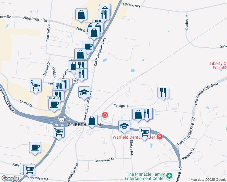 map of restaurants, bars, coffee shops, grocery stores, and more near 119 Hickory Trace Road in Clarksville