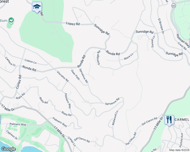 map of restaurants, bars, coffee shops, grocery stores, and more near 1579 Griffin Road in Del Monte Forest