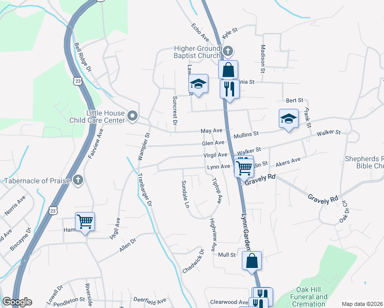 map of restaurants, bars, coffee shops, grocery stores, and more near 321 Virgil Avenue in Kingsport