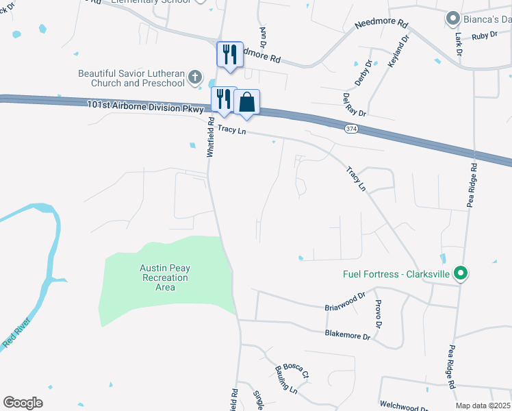 map of restaurants, bars, coffee shops, grocery stores, and more near 2441 Whitfield Road in Clarksville