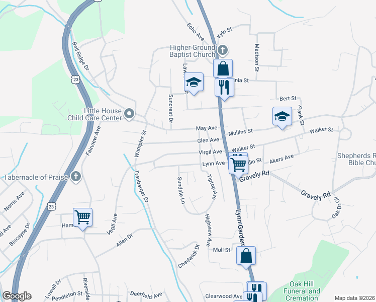 map of restaurants, bars, coffee shops, grocery stores, and more near 321 Virgil Avenue in Kingsport