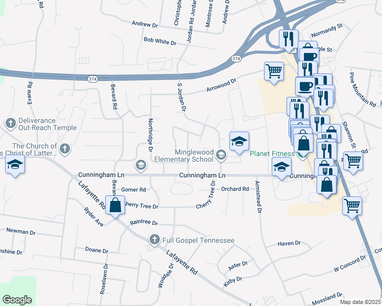 map of restaurants, bars, coffee shops, grocery stores, and more near 284 Northridge Drive in Clarksville