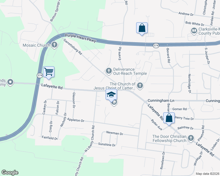 map of restaurants, bars, coffee shops, grocery stores, and more near 829 Lafayette Road in Clarksville
