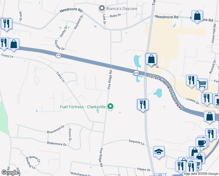map of restaurants, bars, coffee shops, grocery stores, and more near 405 Andean Court in Clarksville