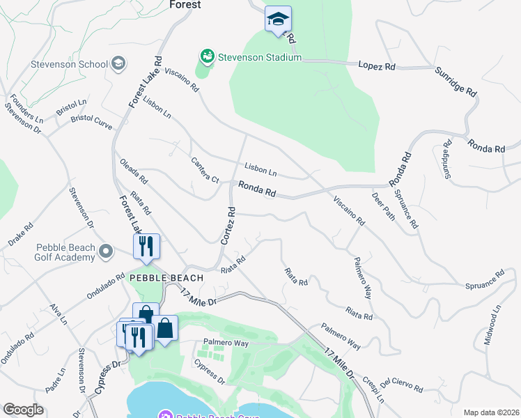 map of restaurants, bars, coffee shops, grocery stores, and more near 1483 Bonifacio Road in Del Monte Forest