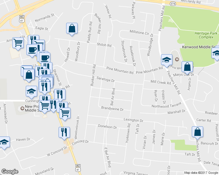 map of restaurants, bars, coffee shops, grocery stores, and more near 117 Delaware Drive in Clarksville