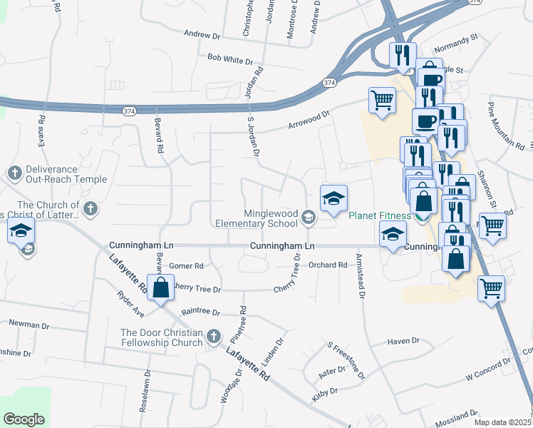 map of restaurants, bars, coffee shops, grocery stores, and more near 284 Northridge Drive in Clarksville