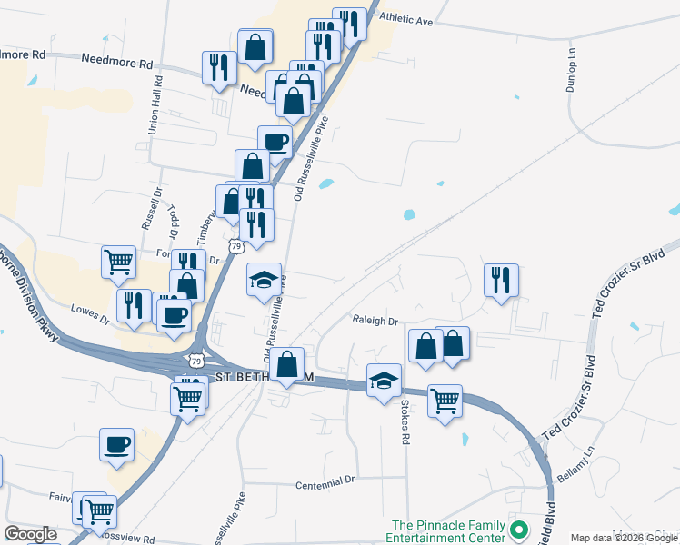 map of restaurants, bars, coffee shops, grocery stores, and more near 111 Hickory Trace Road in Clarksville