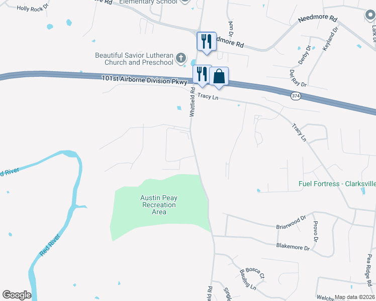 map of restaurants, bars, coffee shops, grocery stores, and more near 2434 Whitfield Road in Clarksville