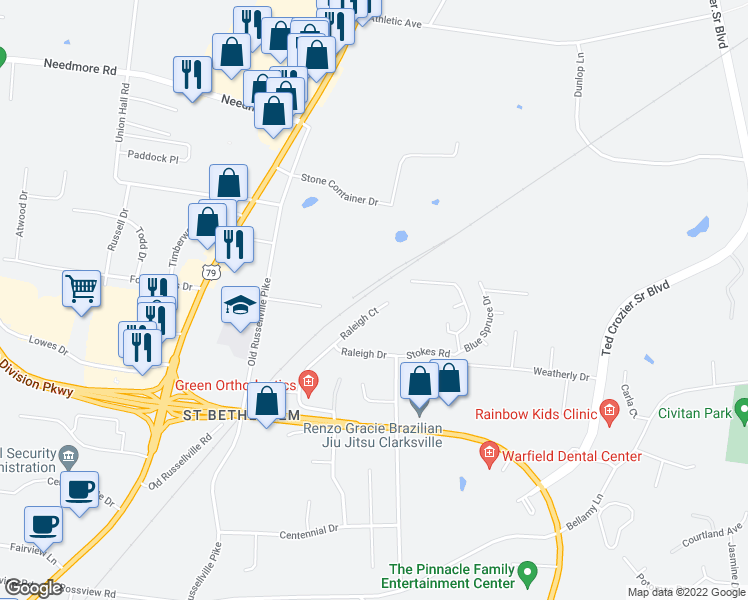 map of restaurants, bars, coffee shops, grocery stores, and more near 2326 Raleigh Court in Clarksville