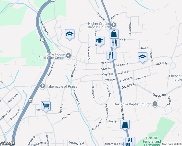 map of restaurants, bars, coffee shops, grocery stores, and more near 349 Virgil Avenue in Kingsport