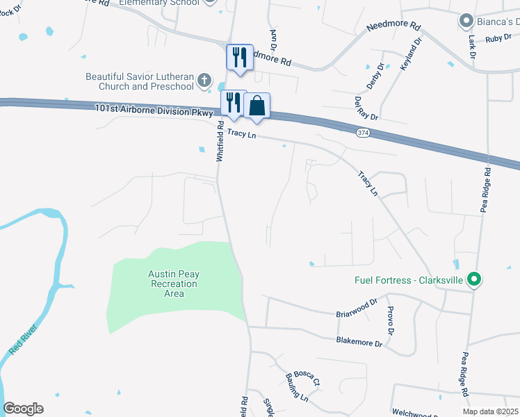 map of restaurants, bars, coffee shops, grocery stores, and more near 2441 Whitfield Road in Clarksville