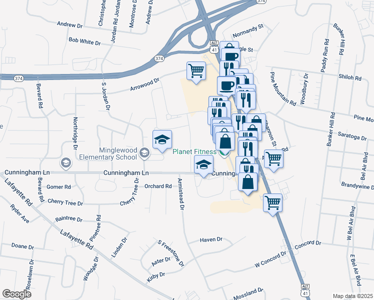 map of restaurants, bars, coffee shops, grocery stores, and more near 191-199 Cunningham Ln in Clarksville