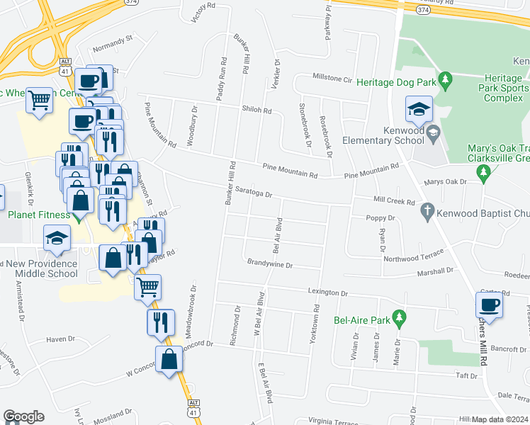 map of restaurants, bars, coffee shops, grocery stores, and more near 115 Delaware Drive in Clarksville