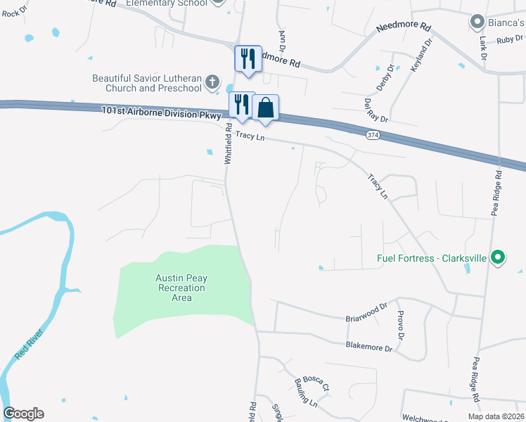 map of restaurants, bars, coffee shops, grocery stores, and more near 2441 Whitfield Road in Clarksville