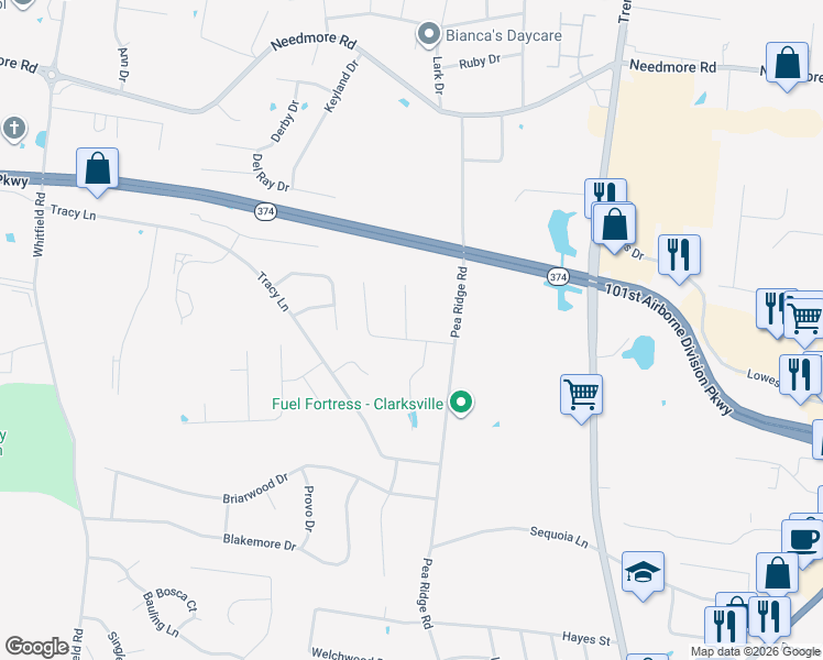 map of restaurants, bars, coffee shops, grocery stores, and more near 405 Andean Court in Clarksville