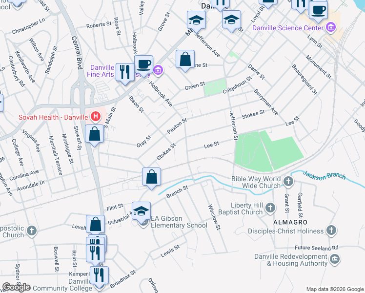 map of restaurants, bars, coffee shops, grocery stores, and more near 746 Holbrook Avenue in Danville