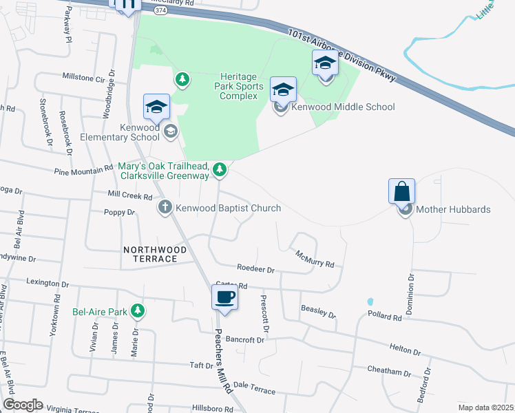 map of restaurants, bars, coffee shops, grocery stores, and more near 342 Broadmore Drive in Clarksville