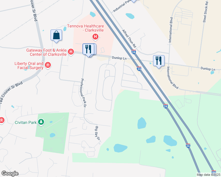 map of restaurants, bars, coffee shops, grocery stores, and more near 149 Lynnwood Circle in Clarksville