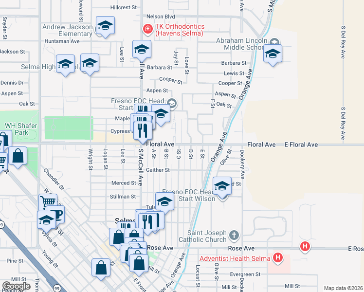 map of restaurants, bars, coffee shops, grocery stores, and more near 2862 C Street in Selma