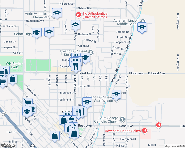 map of restaurants, bars, coffee shops, grocery stores, and more near 2862 C Street in Selma