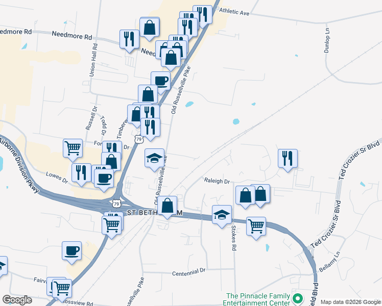 map of restaurants, bars, coffee shops, grocery stores, and more near 111 Hickory Trace Road in Clarksville