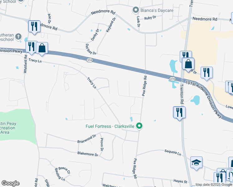 map of restaurants, bars, coffee shops, grocery stores, and more near 160 Sambar Drive in Clarksville