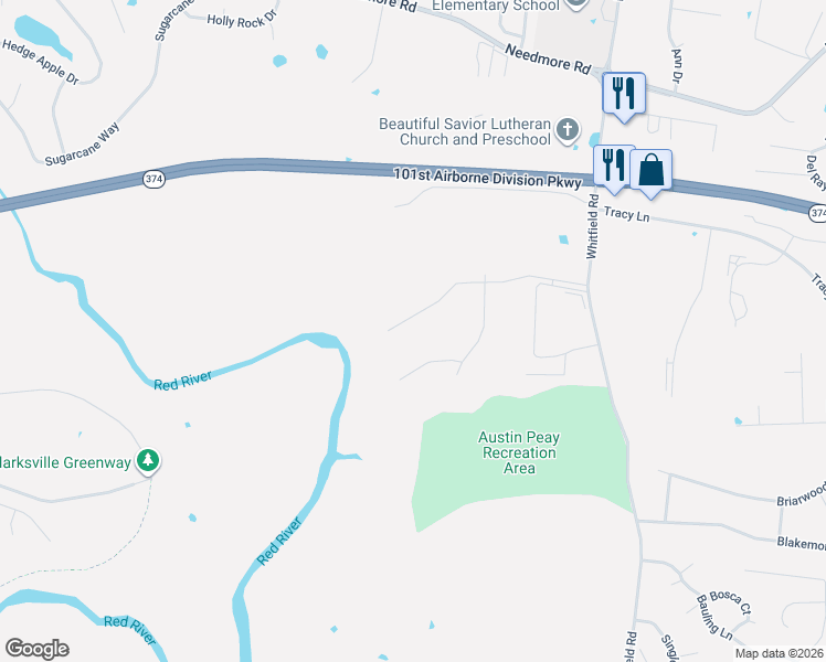 map of restaurants, bars, coffee shops, grocery stores, and more near Prewitt Lane in Clarksville