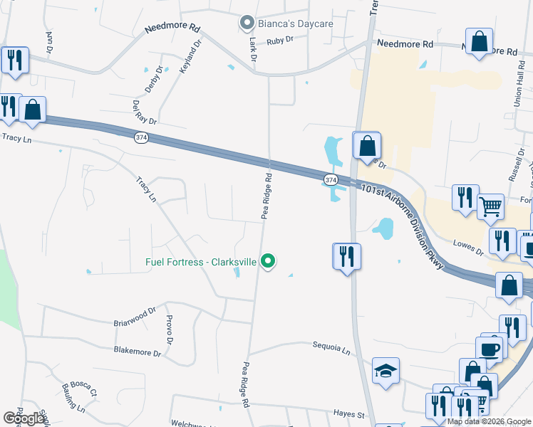 map of restaurants, bars, coffee shops, grocery stores, and more near 405 Andean Court in Clarksville