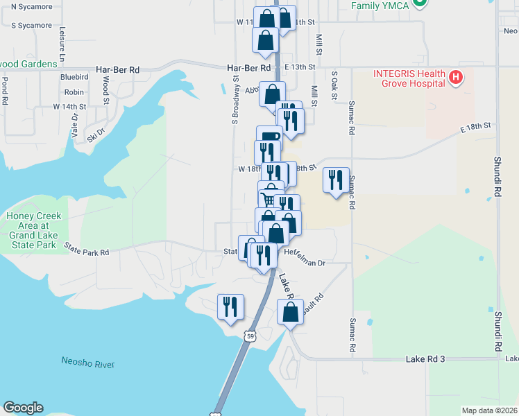 map of restaurants, bars, coffee shops, grocery stores, and more near 2123 S Main St in Grove