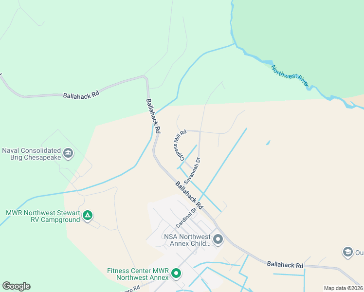 map of restaurants, bars, coffee shops, grocery stores, and more near 3815 Cypress Mill Road in Chesapeake