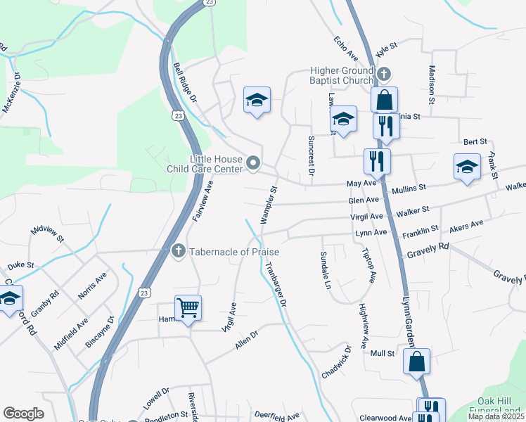 map of restaurants, bars, coffee shops, grocery stores, and more near 398 Glen Avenue in Kingsport