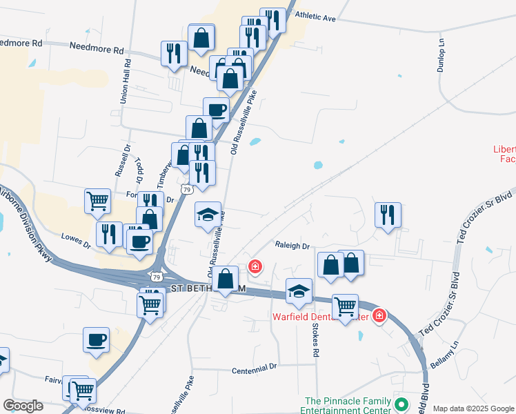 map of restaurants, bars, coffee shops, grocery stores, and more near 111 Hickory Trace Road in Clarksville