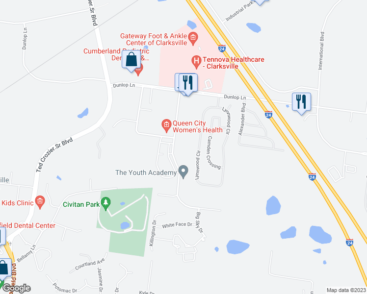 map of restaurants, bars, coffee shops, grocery stores, and more near 941 Professional Park Drive in Clarksville