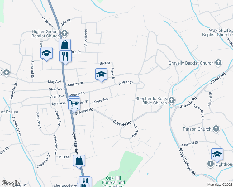 map of restaurants, bars, coffee shops, grocery stores, and more near 313 Akers Avenue in Kingsport