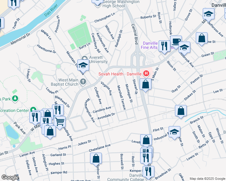 map of restaurants, bars, coffee shops, grocery stores, and more near 161 Virginia Avenue in Danville