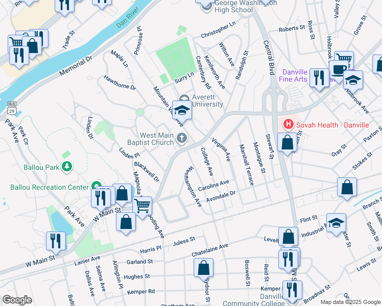 map of restaurants, bars, coffee shops, grocery stores, and more near 120 College Avenue in Danville